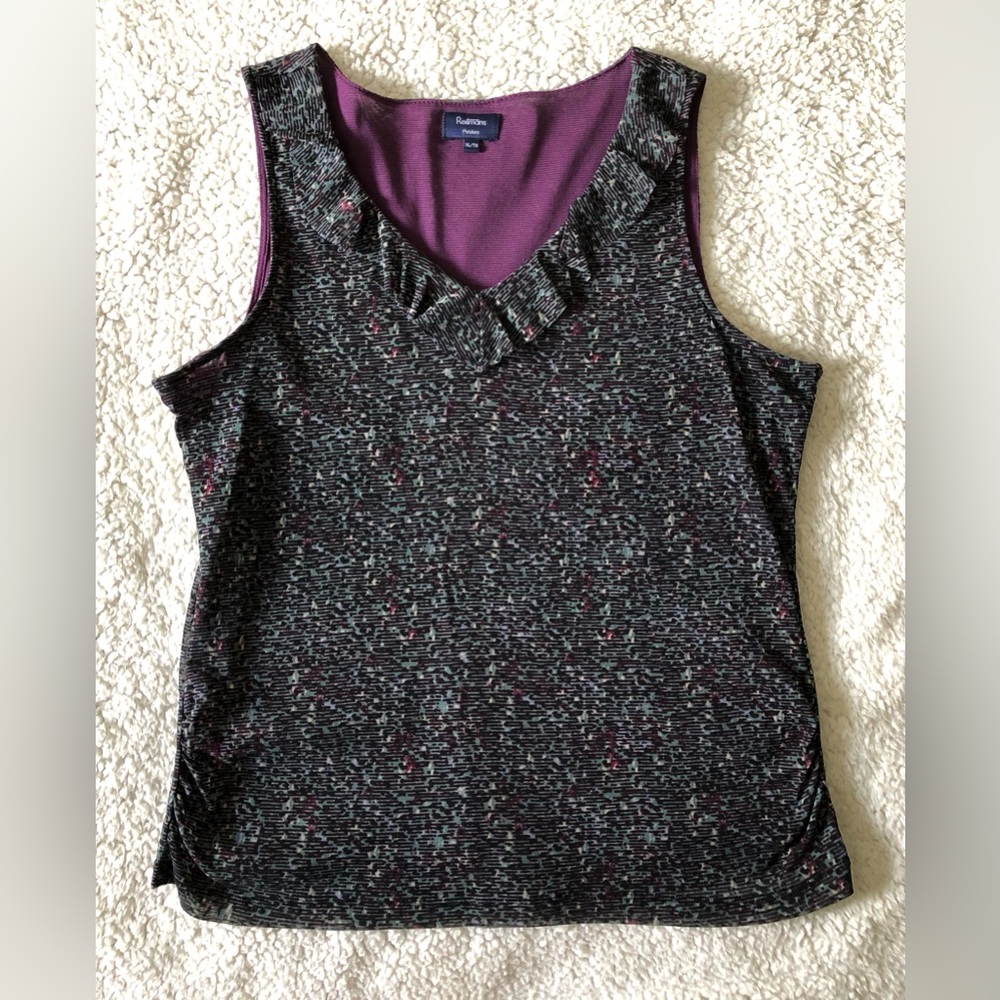 Reitmans Women’s Sleeveless Blouse Ruffled Neckline Purples & Blues XL Petite